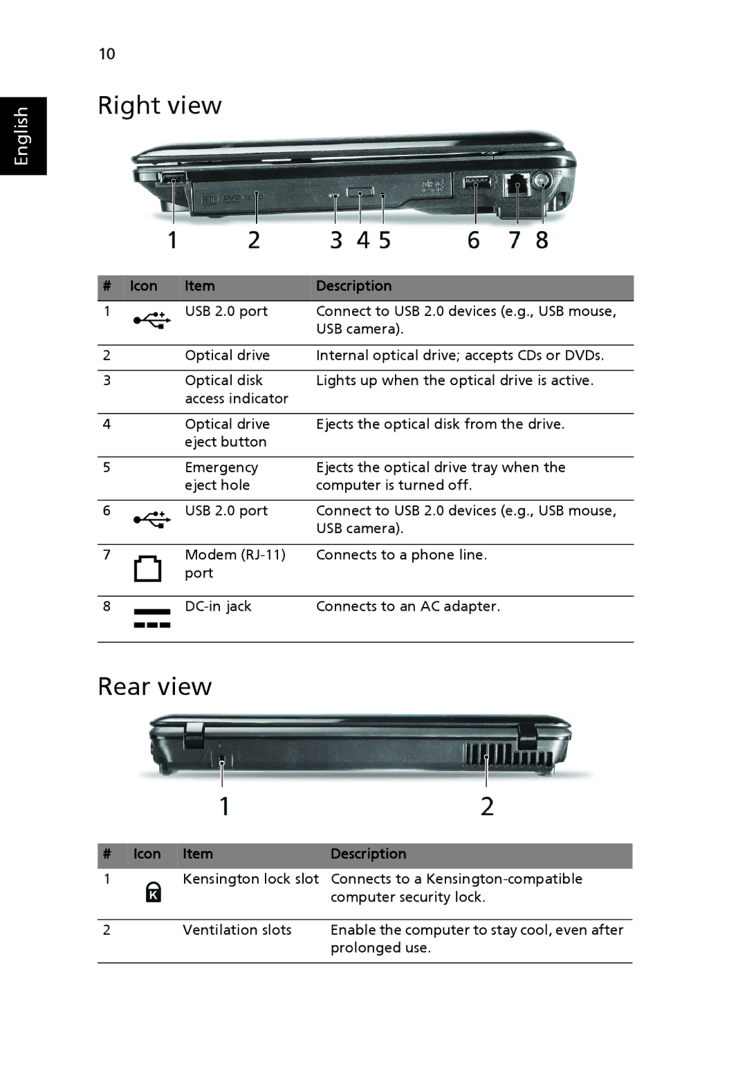 Acer 2930 Series manual Right view, Rear view, # Icon Description, # Icon Item Description 