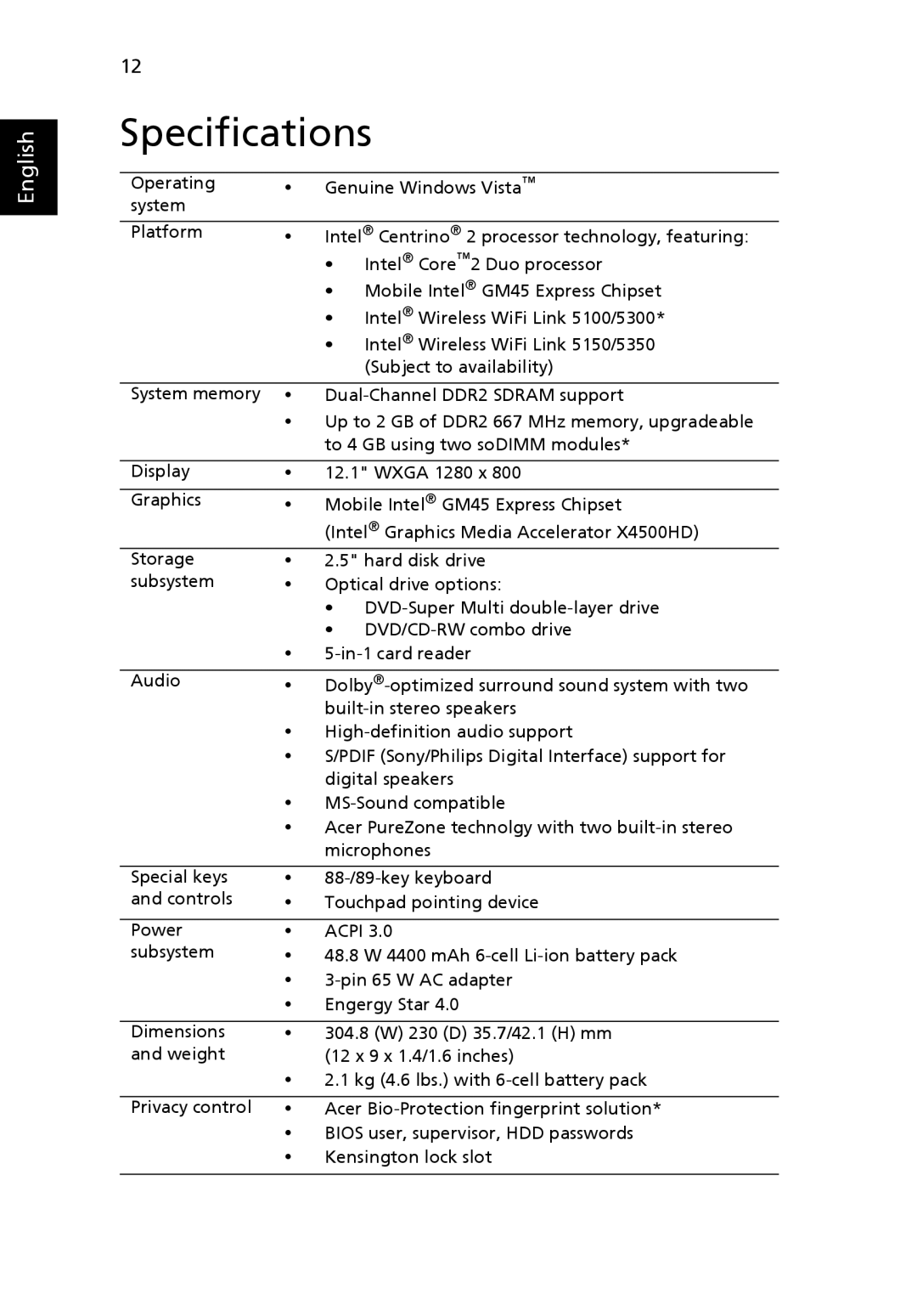 Acer 2930 Series manual Specifications 