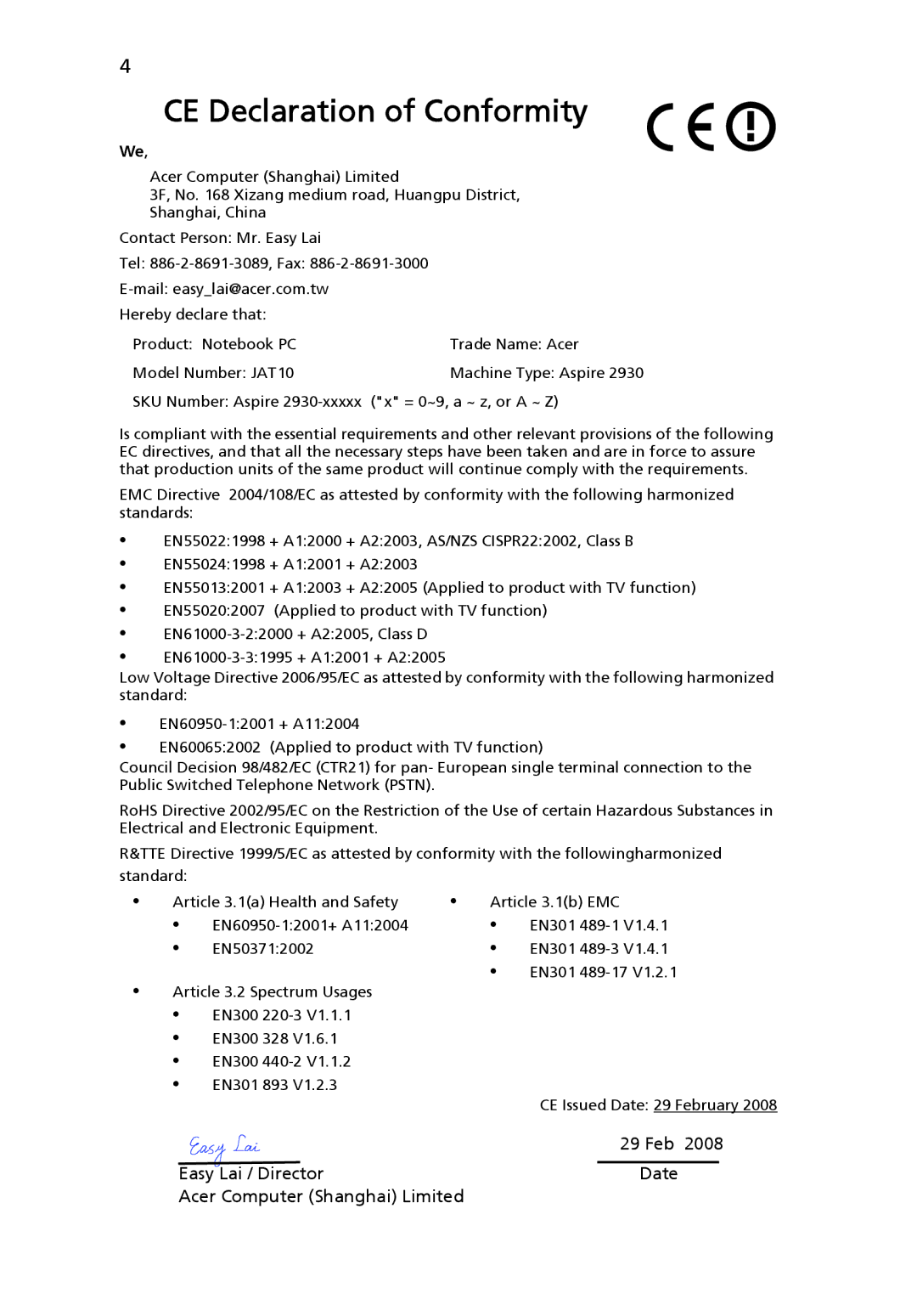 Acer 2930 Series manual CE Declaration of Conformity 