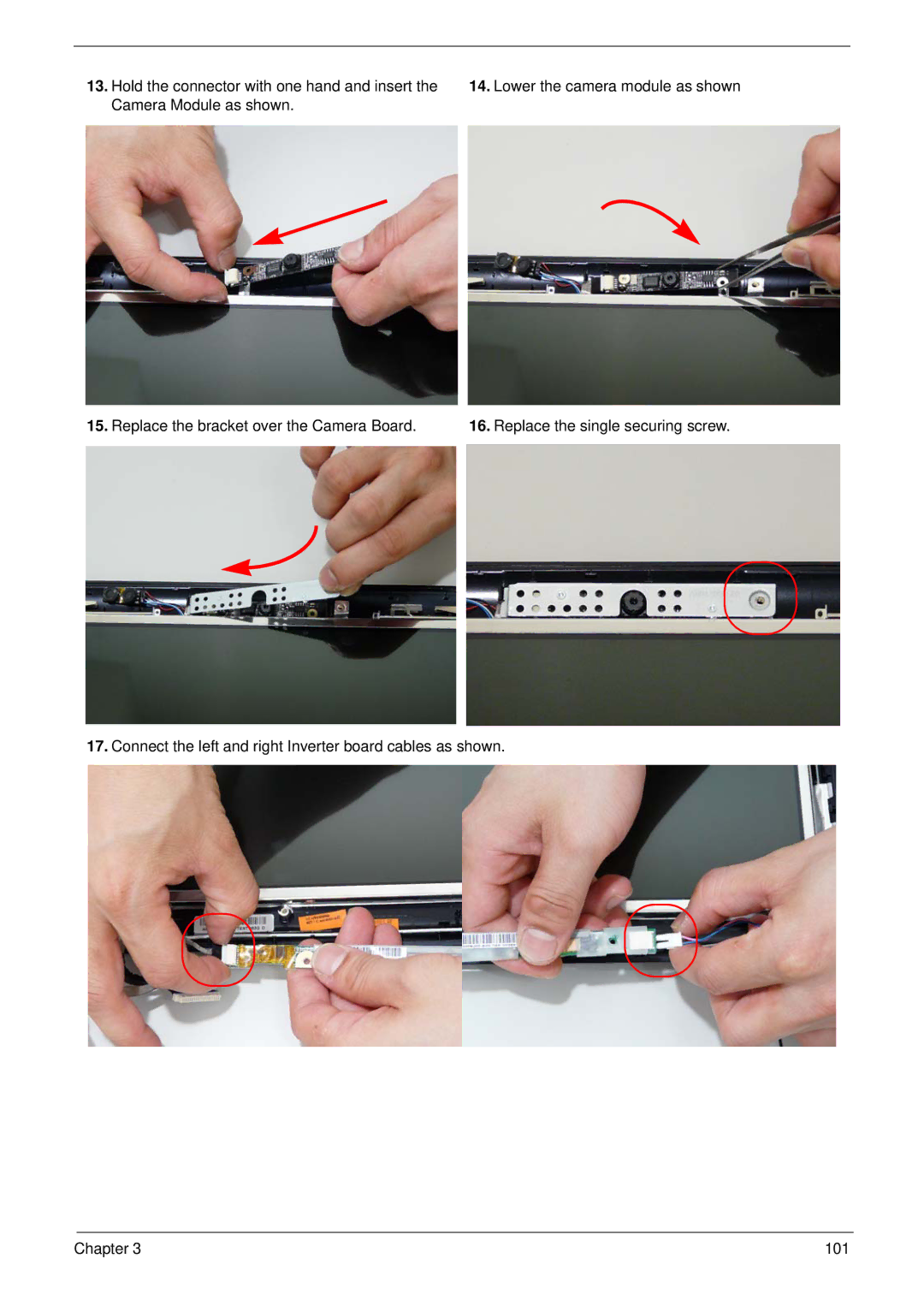 Acer 2930 manual Replace the bracket over the Camera Board 