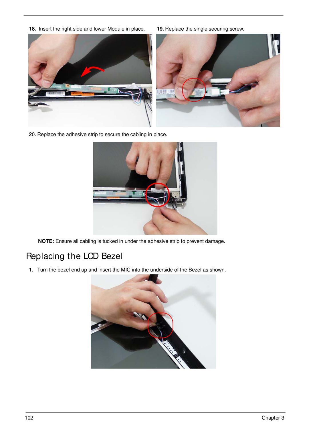 Acer 2930 manual Replacing the LCD Bezel, Insert the right side and lower Module in place 