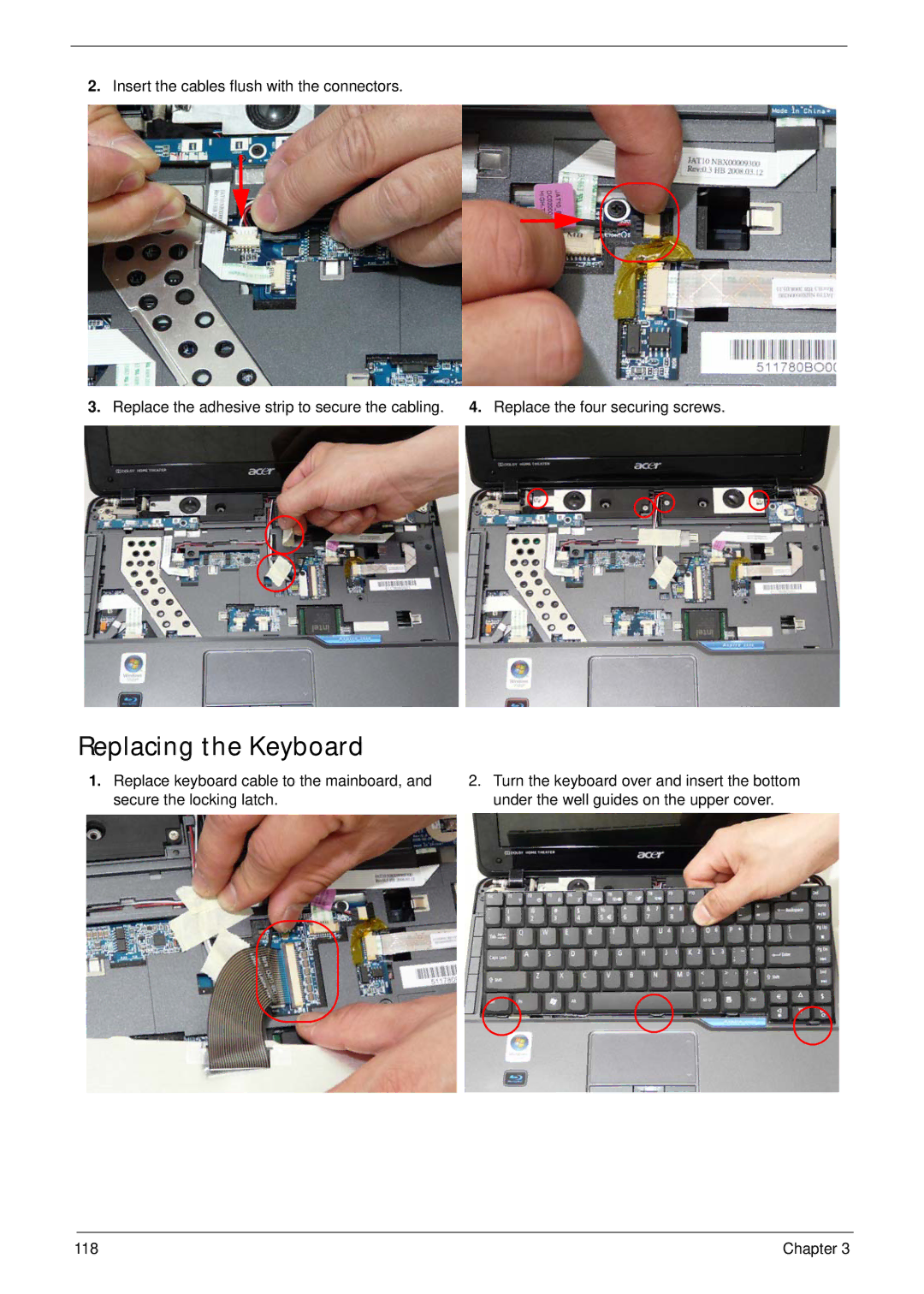 Acer 2930 manual Replacing the Keyboard 