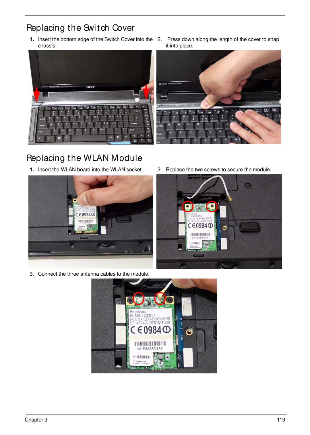 Acer 2930 manual Replacing the Switch Cover, Replacing the Wlan Module 