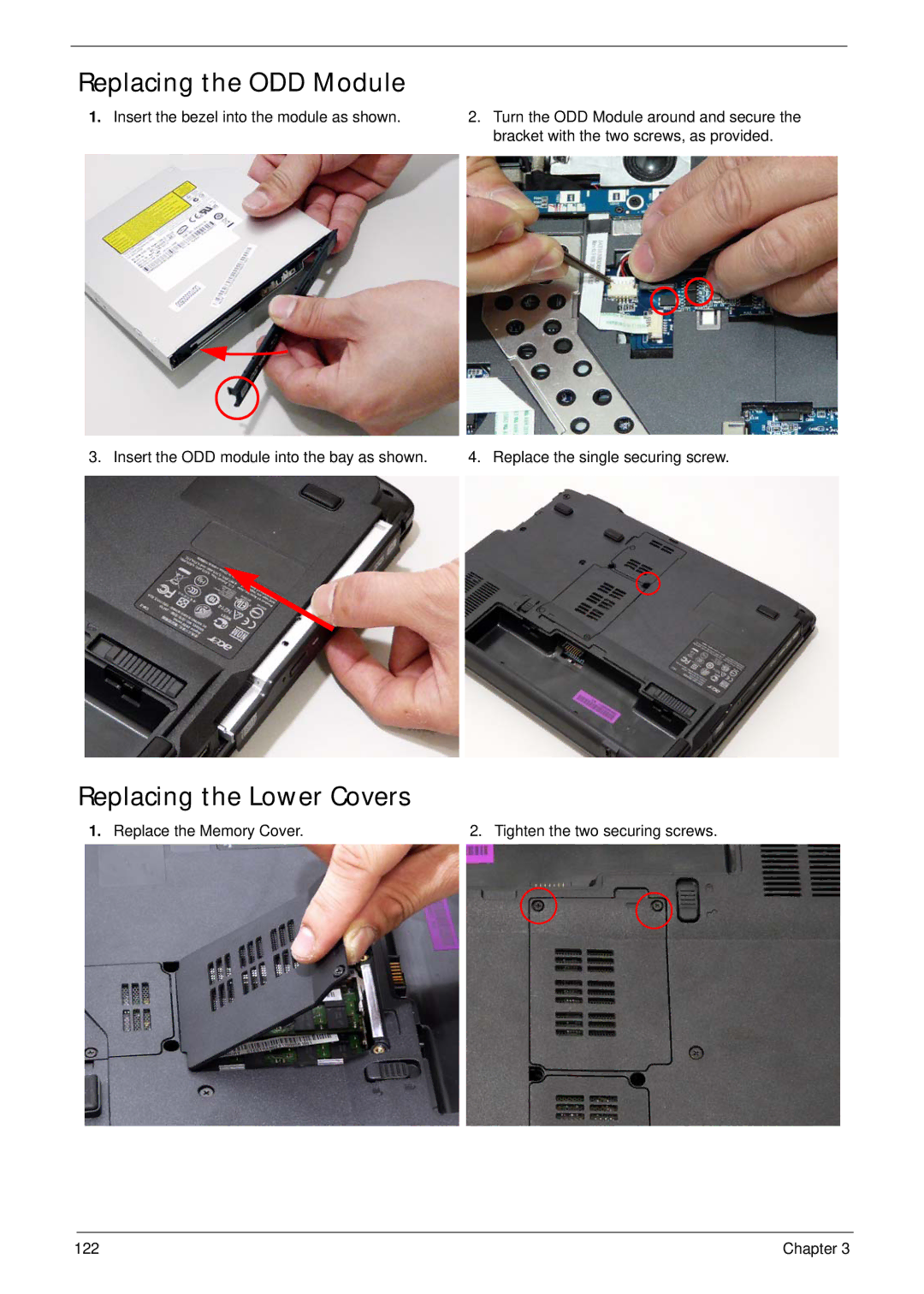 Acer 2930 manual Replacing the ODD Module, Replacing the Lower Covers 