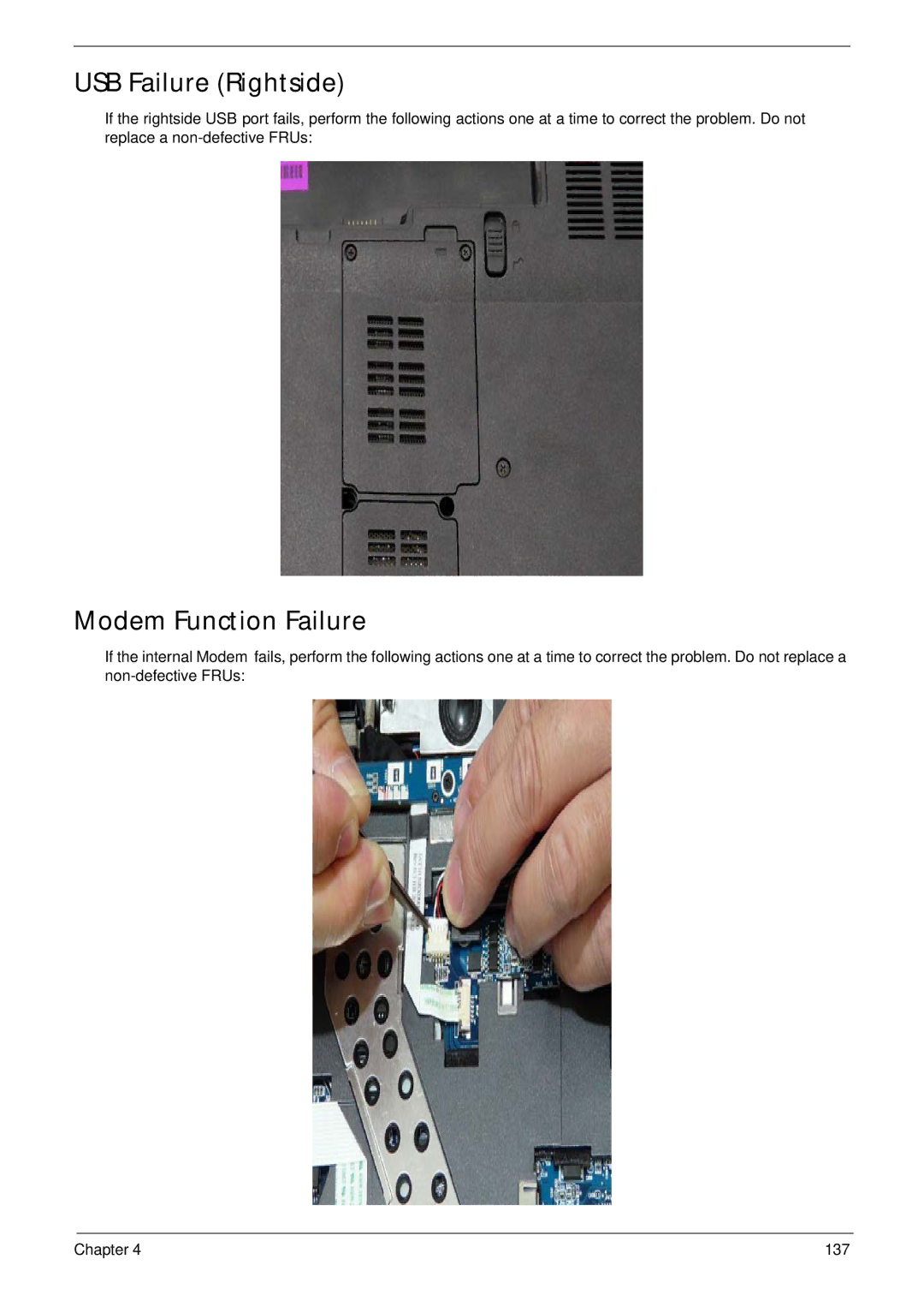 Acer 2930 manual USB Failure Rightside, Modem Function Failure 