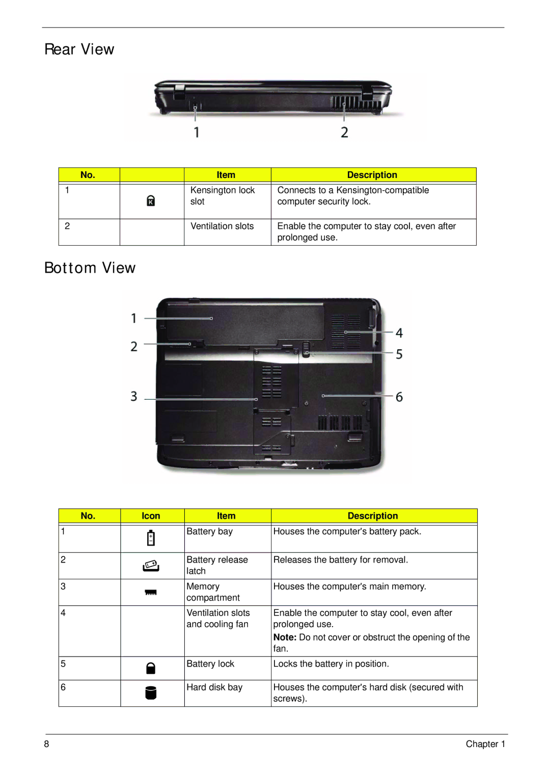 Acer 2930 manual Rear View, Bottom View 