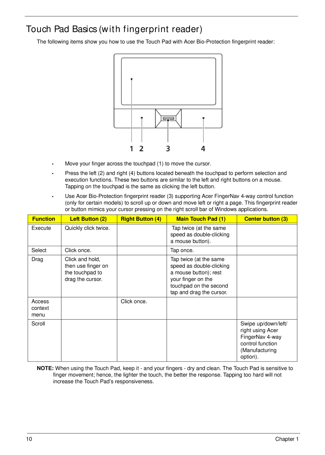 Acer 2930 manual Touch Pad Basics with fingerprint reader 