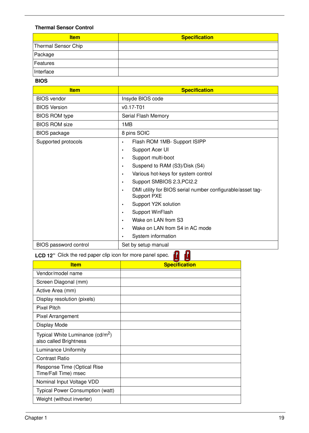 Acer 2930 manual Thermal Sensor Control Specification, Bios 