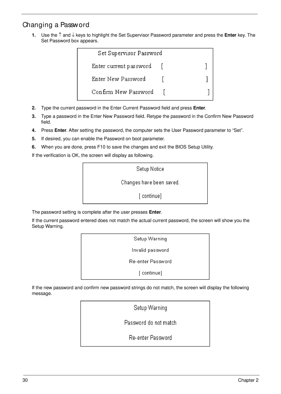 Acer 2930 manual Changing a Password 