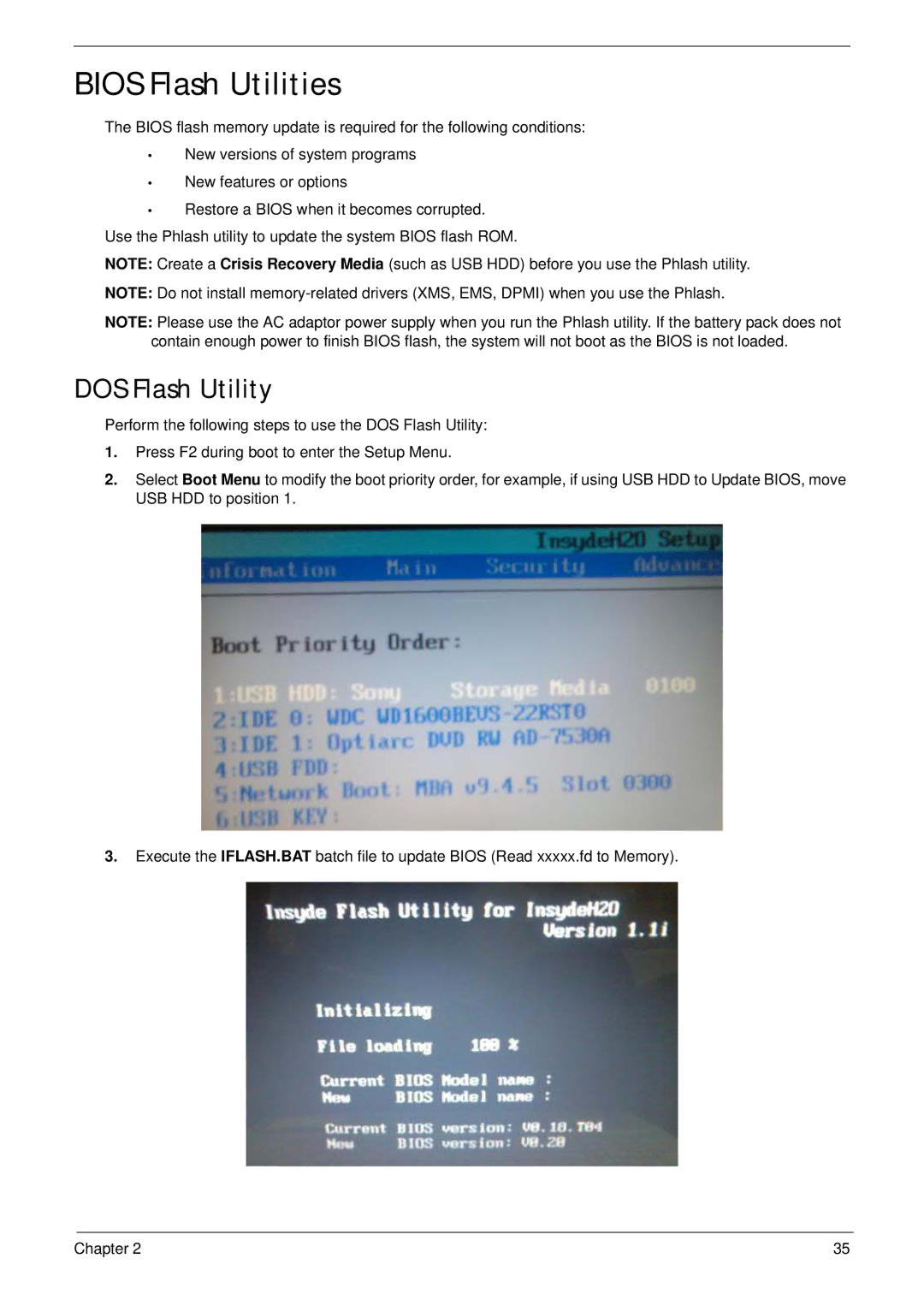 Acer 2930 manual Bios Flash Utilities, DOS Flash Utility 