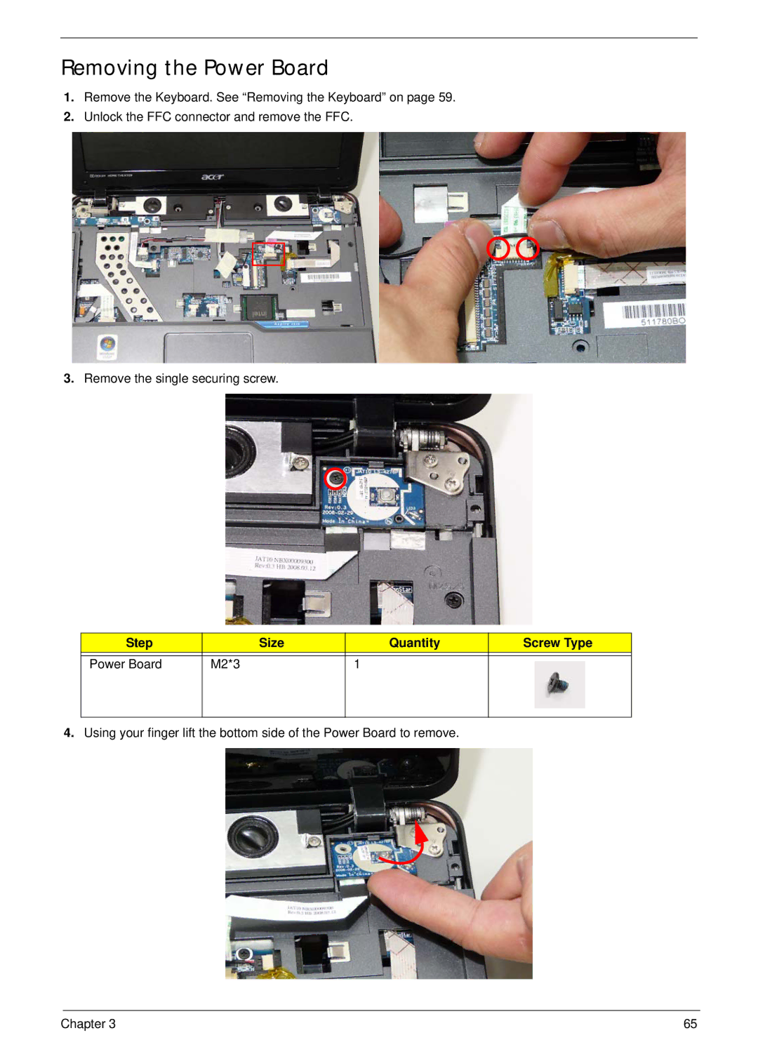 Acer 2930 manual Removing the Power Board, Step Size Quantity Screw Type Power Board M2*3 