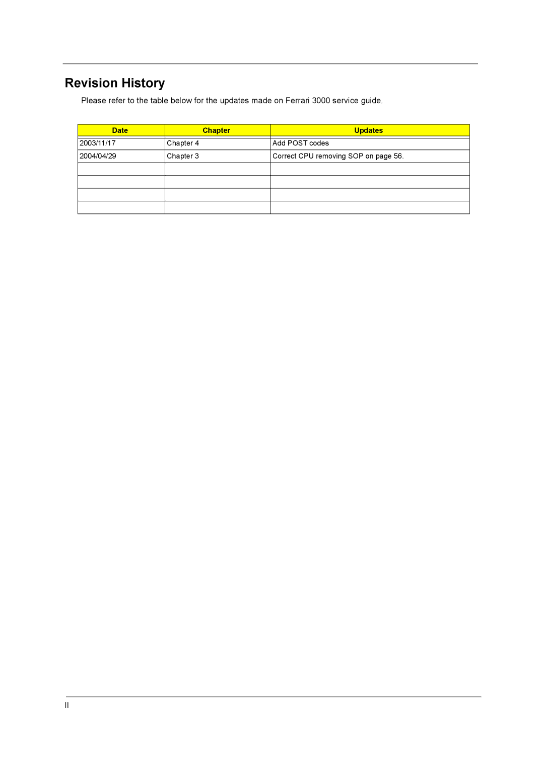 Acer 3000 series manual Revision History, Date Chapter Updates 