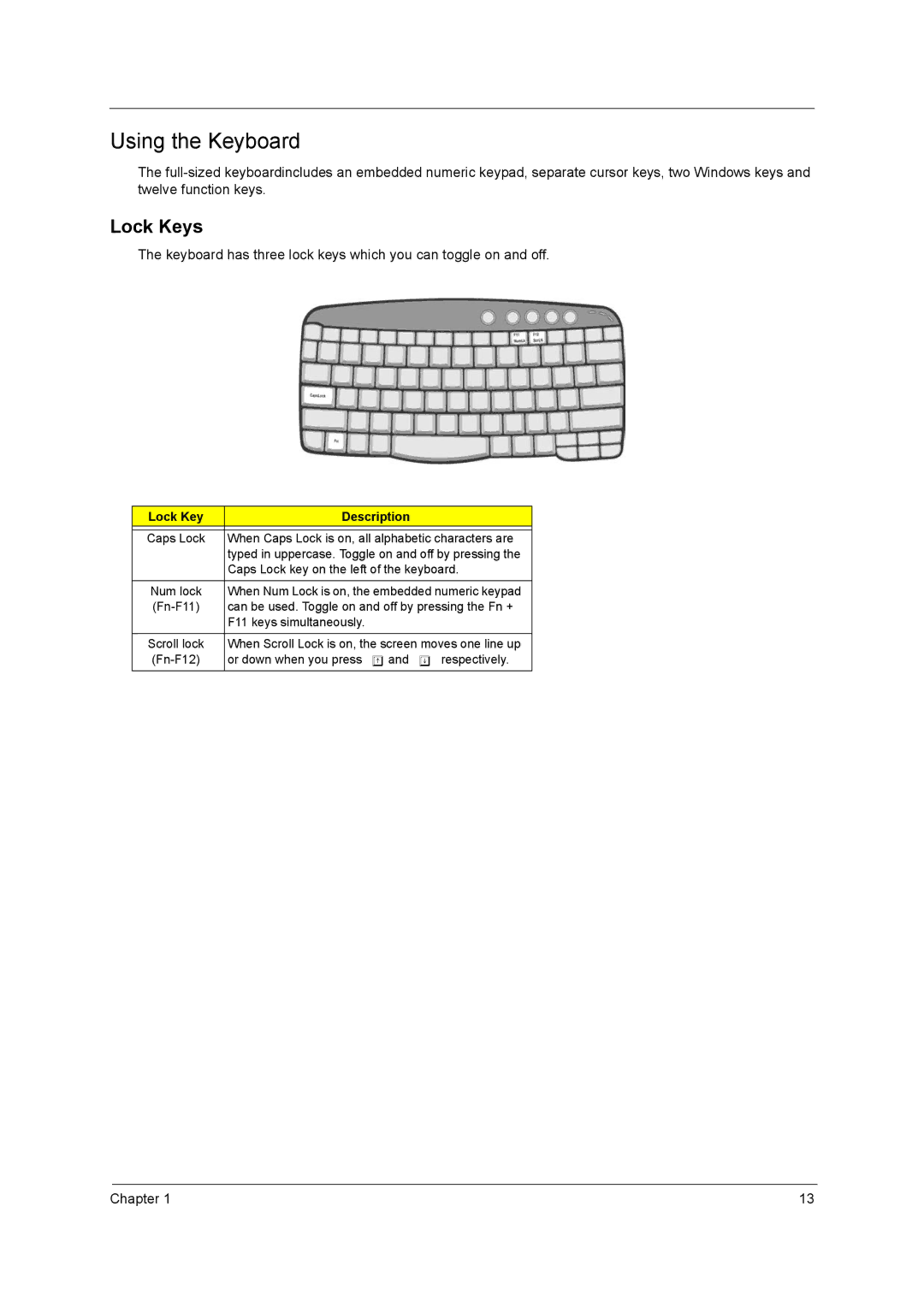 Acer 3000 series manual Using the Keyboard, Lock Keys, Lock Key Description 