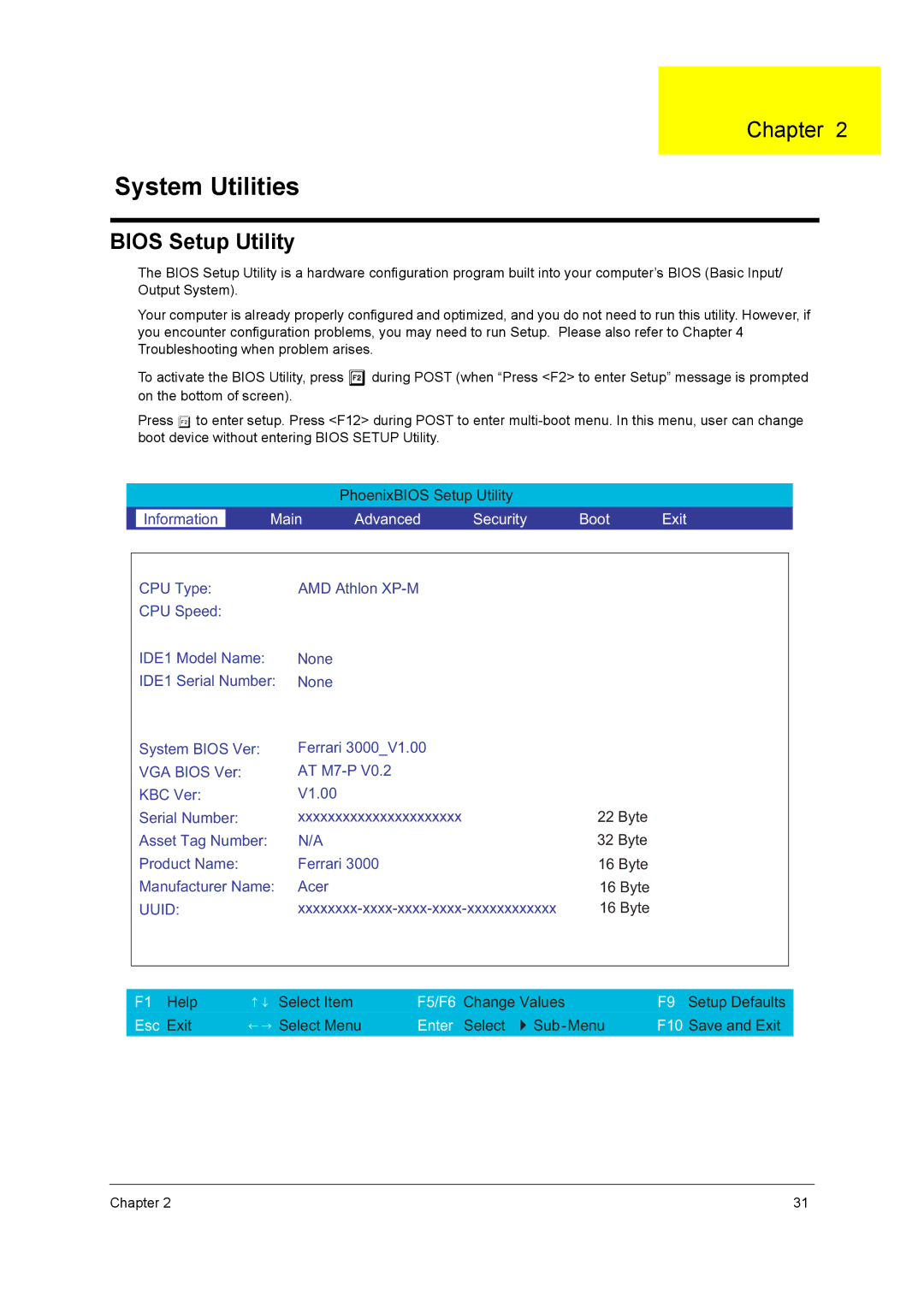 Acer 3000 series manual System Utilities, Bios Setup Utility 