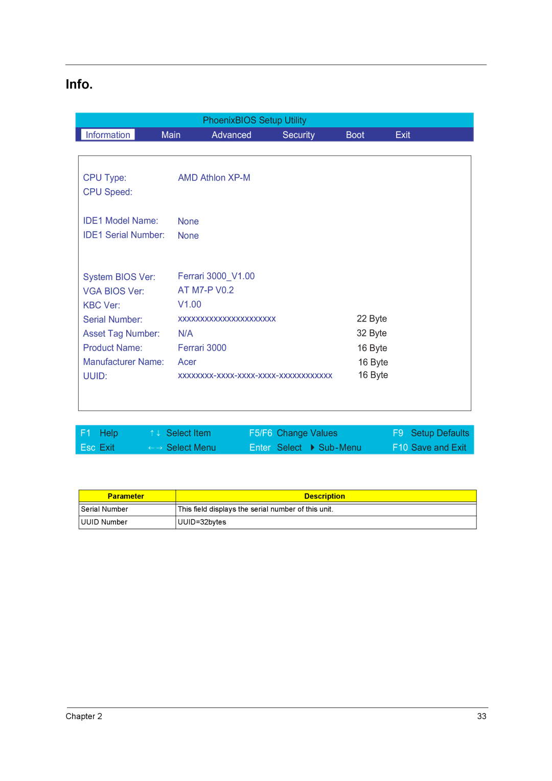 Acer 3000 series manual Info, Main Advanced Security Boot Exit 