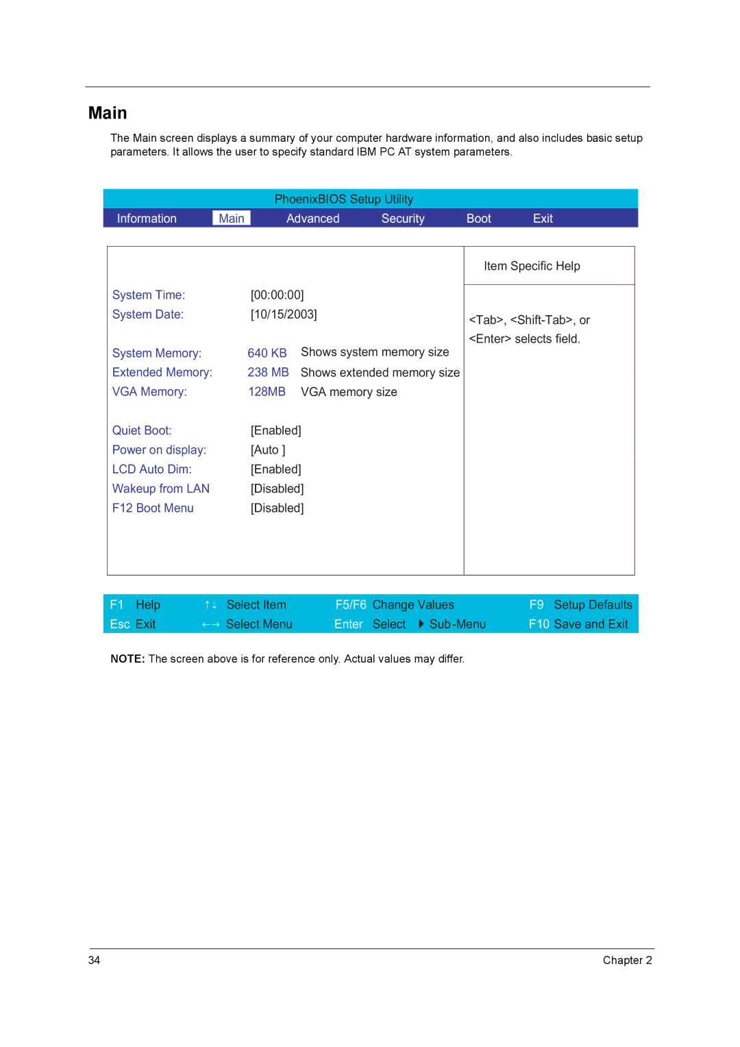 Acer 3000 series manual Main, Advanced Security Boot Exit 