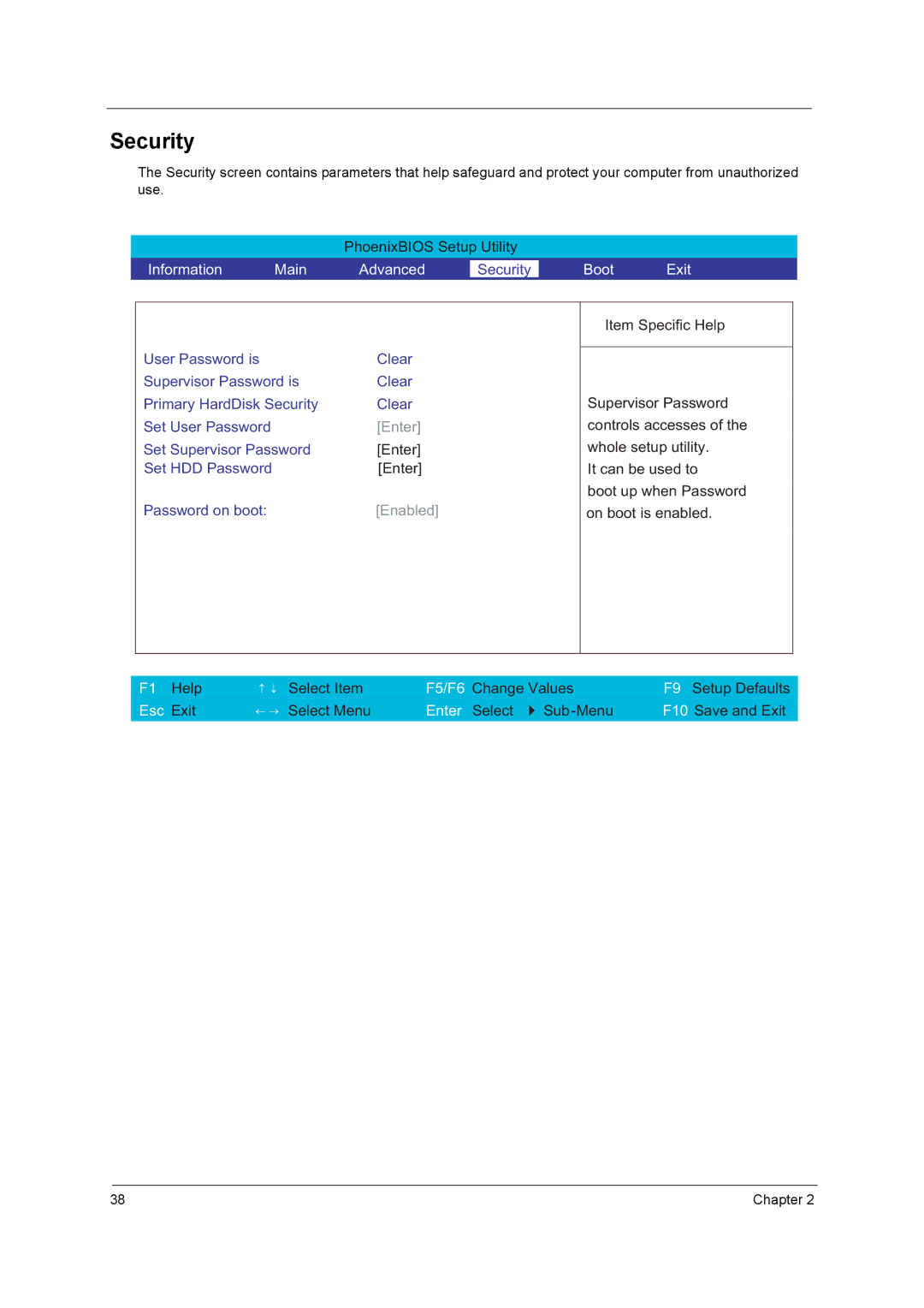 Acer 3000 series manual Security, Boot Exit 