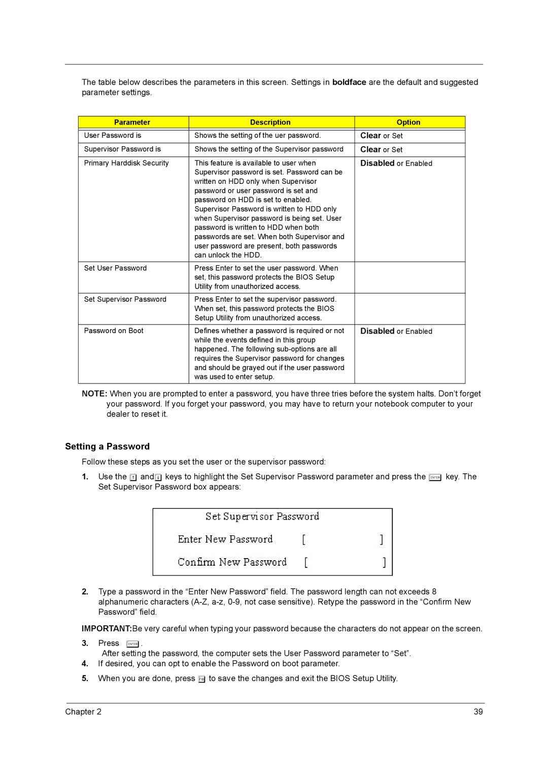 Acer 3000 series manual Clear or Set, Parameter Description Option 