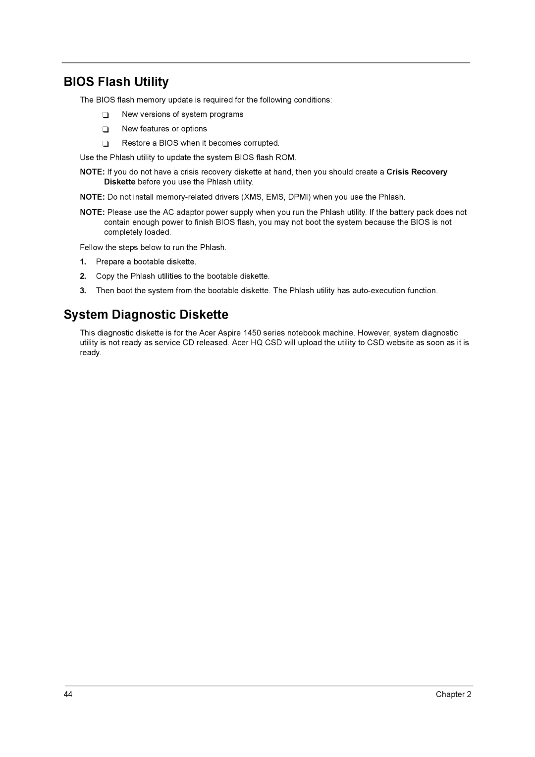 Acer 3000 series manual Bios Flash Utility, System Diagnostic Diskette 