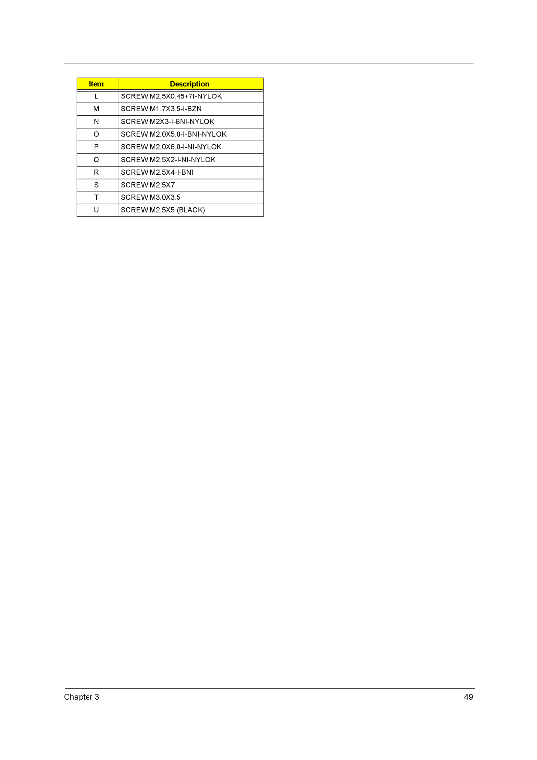 Acer 3000 series manual Screw M2.5X0.45+7I-NYLOK, Screw M1.7X3.5-I-BZN, Screw M2X3-I-BNI-NYLOK, Screw M2.0X5.0-I-BNI-NYLOK 