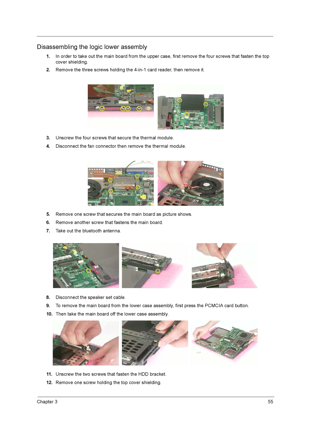 Acer 3000 series manual Disassembling the logic lower assembly 