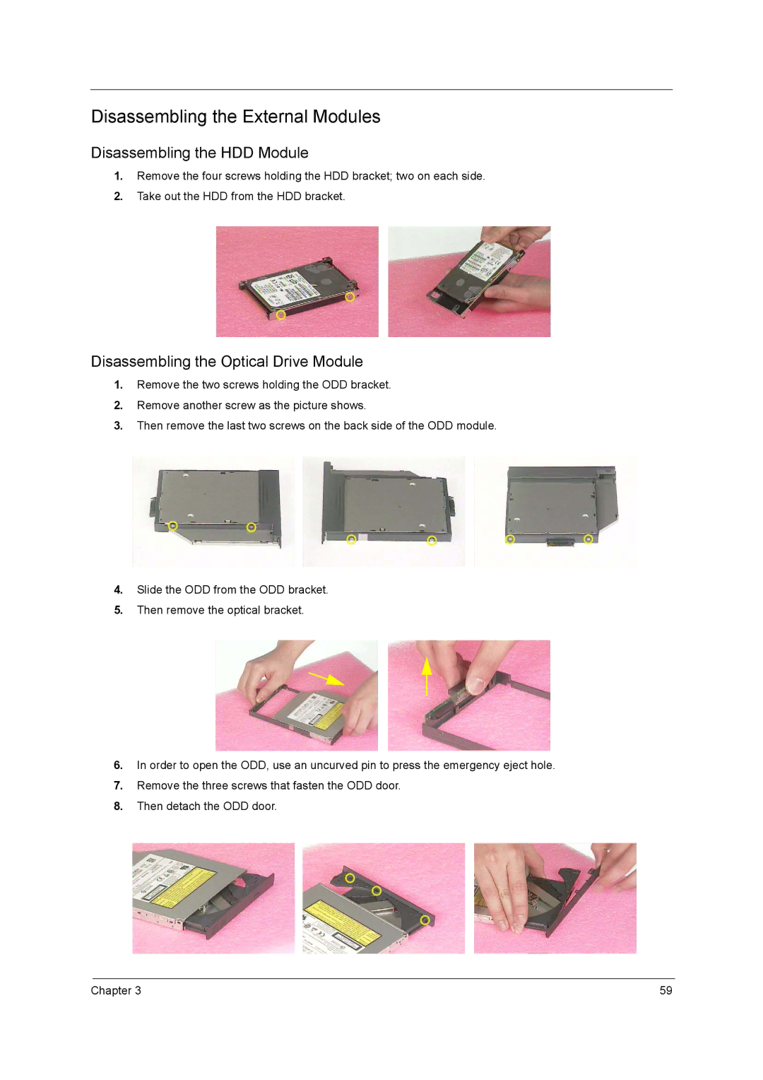 Acer 3000 series manual Disassembling the External Modules, Disassembling the HDD Module 