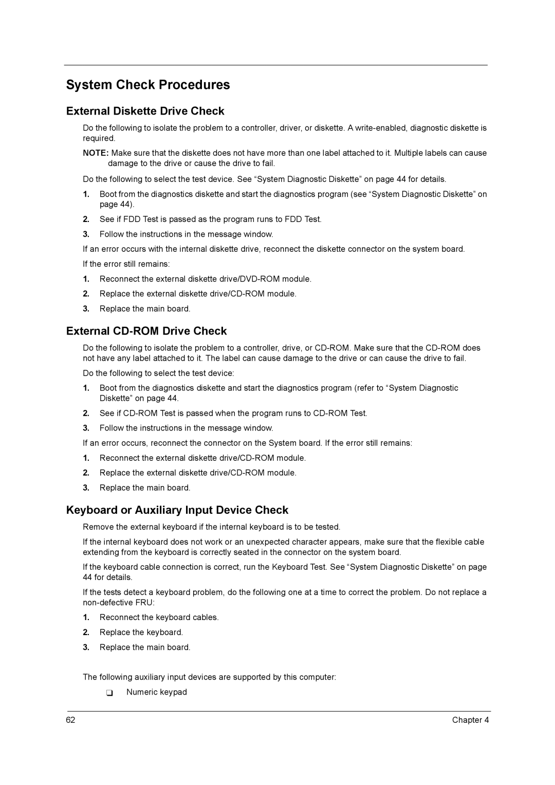 Acer 3000 series manual System Check Procedures, External Diskette Drive Check, External CD-ROM Drive Check 