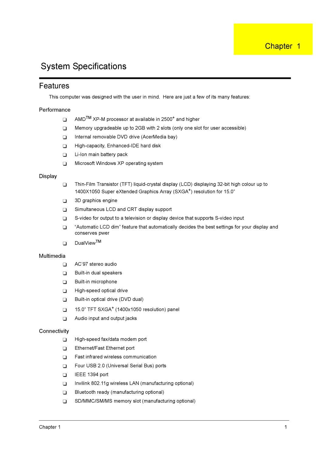 Acer 3000 series manual Chapter, Features 