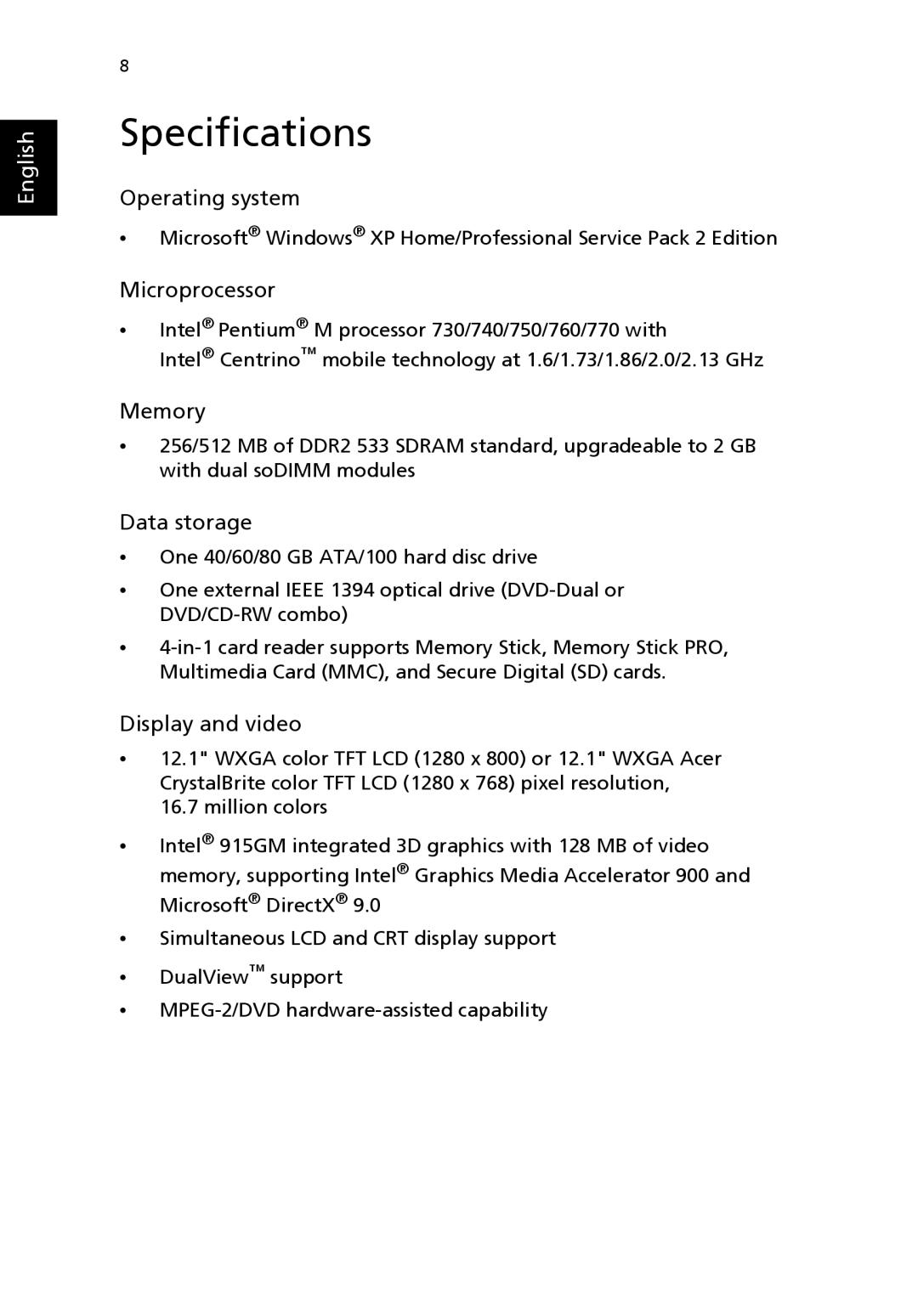 Acer 3000 series manual Specifications 