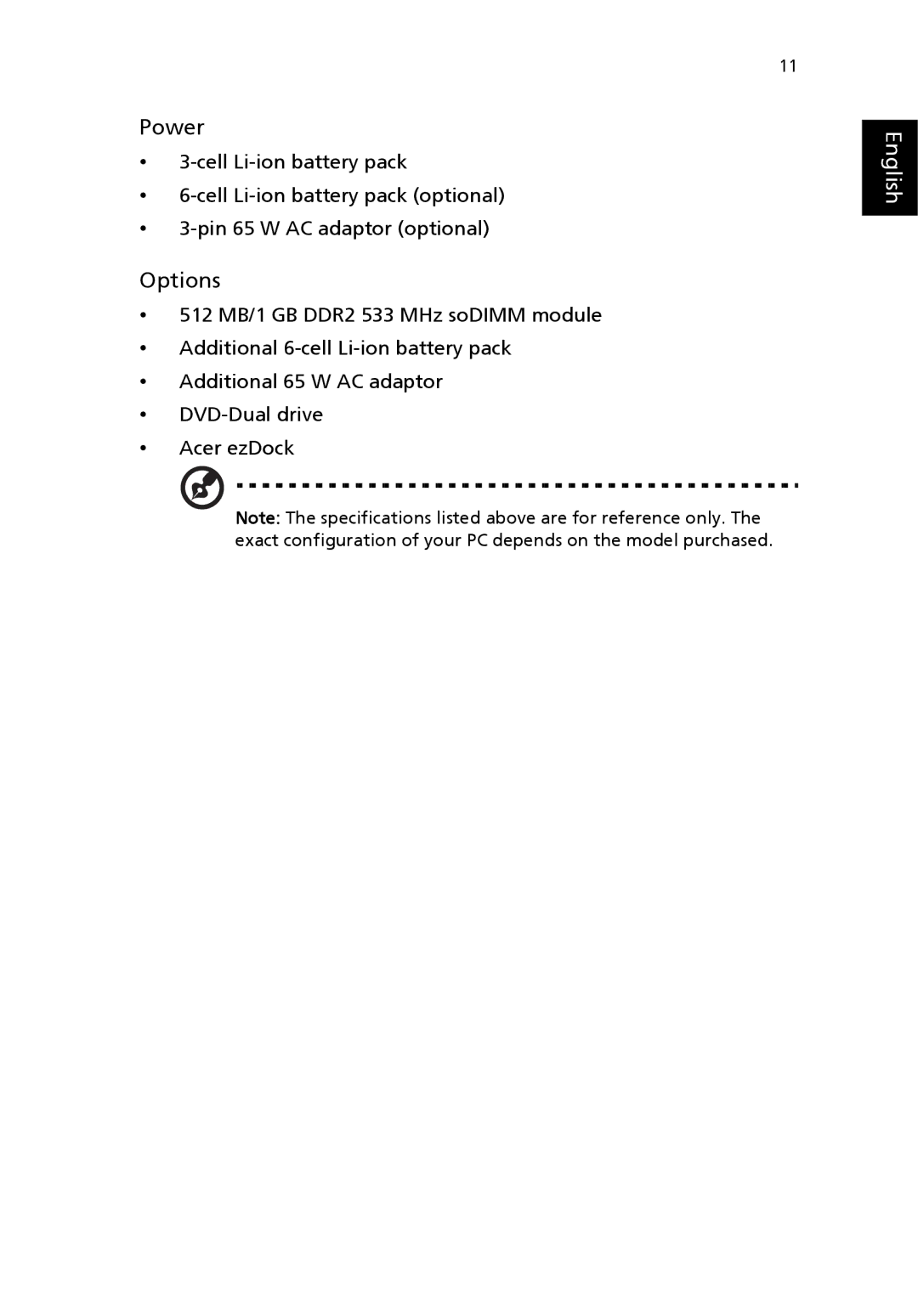 Acer 3000 series manual Power, Options 