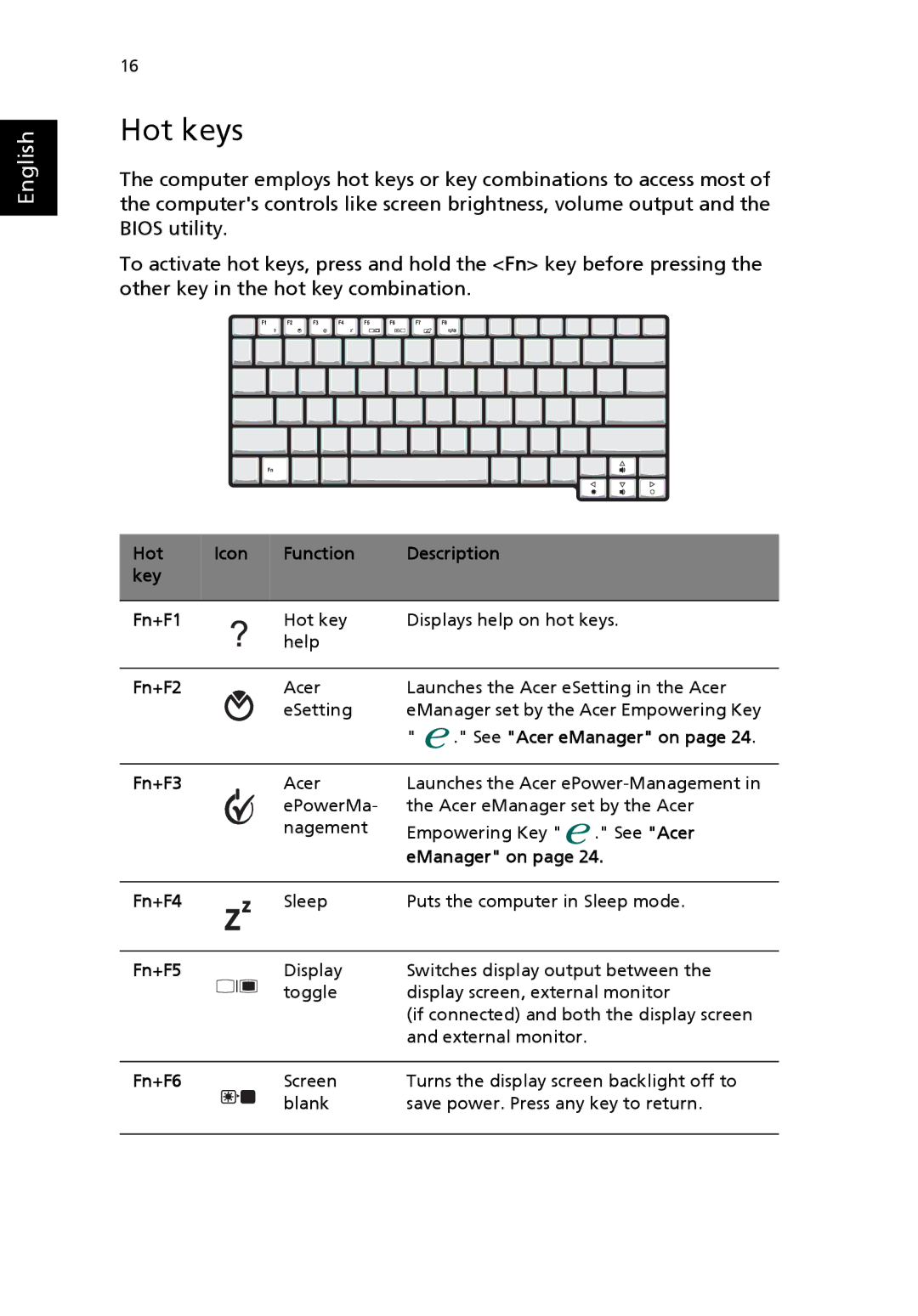 Acer 3000 series manual Hot keys, EManager on Fn+F4, Fn+F5, Fn+F6 