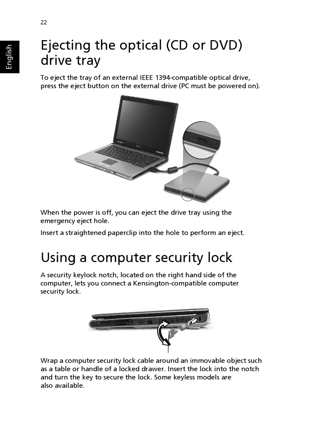 Acer 3000 series manual Ejecting the optical CD or DVD drive tray, Using a computer security lock 