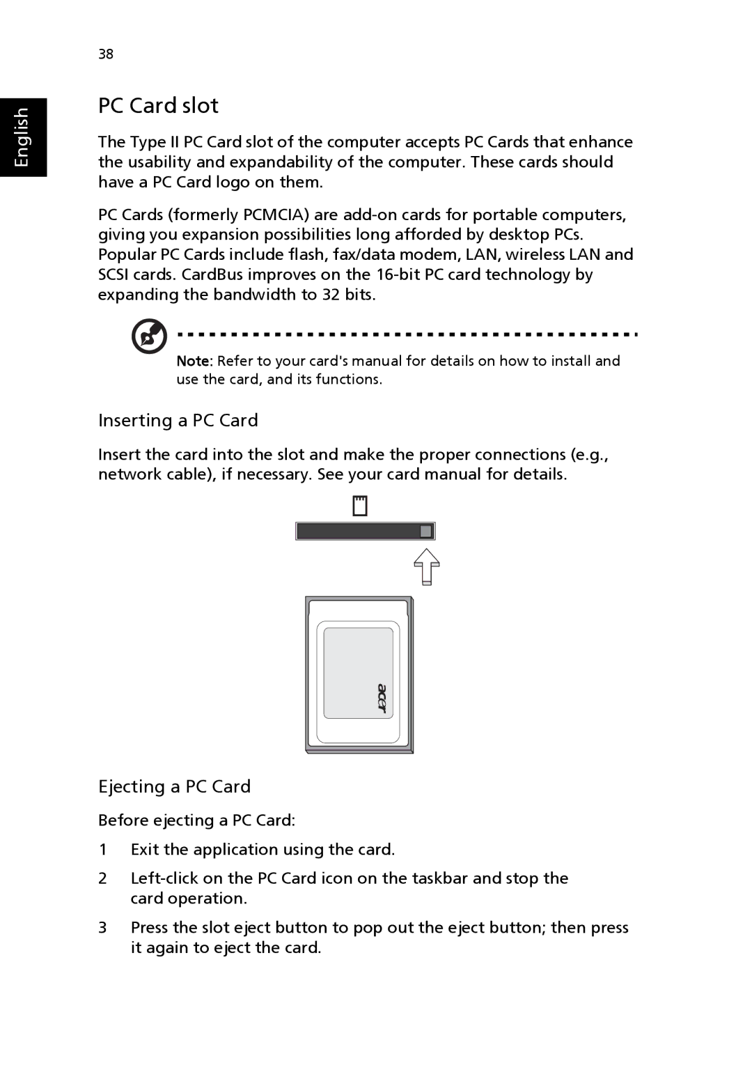 Acer 3000 series manual PC Card slot, Inserting a PC Card, Ejecting a PC Card 