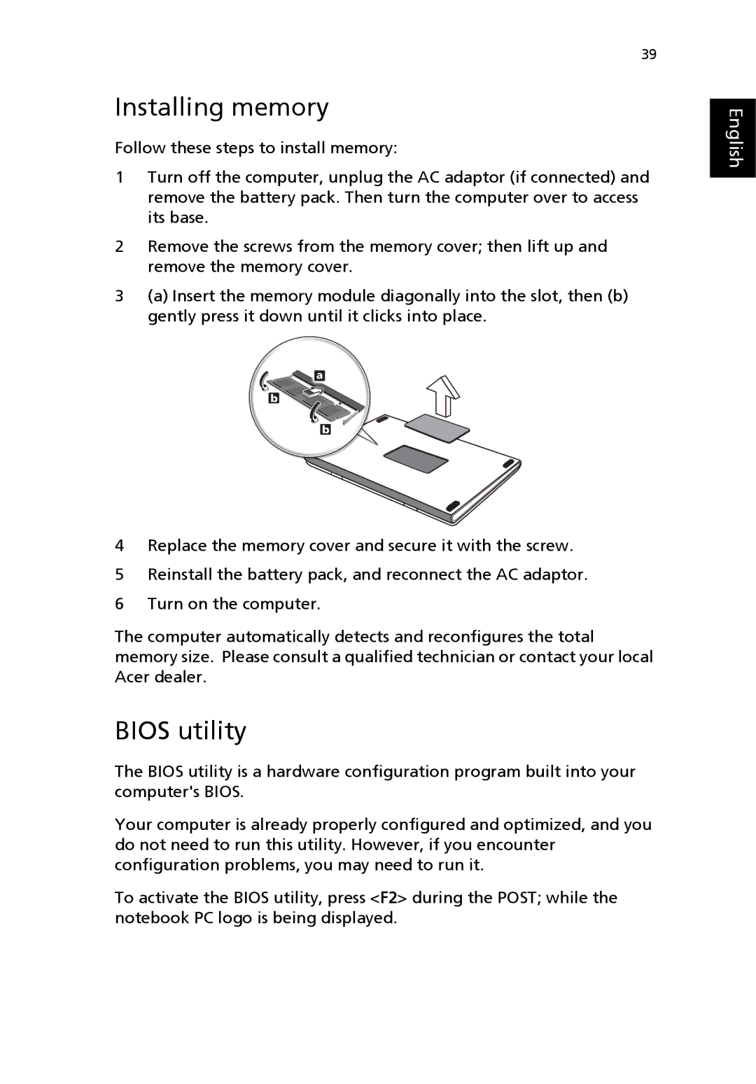 Acer 3000 series manual Installing memory, Bios utility 