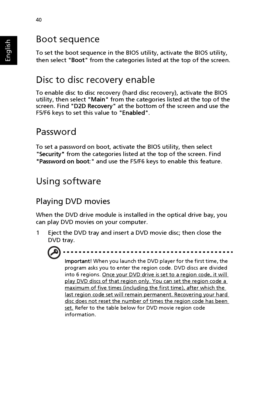 Acer 3000 series manual Boot sequence, Disc to disc recovery enable, Password, Using software, Playing DVD movies 