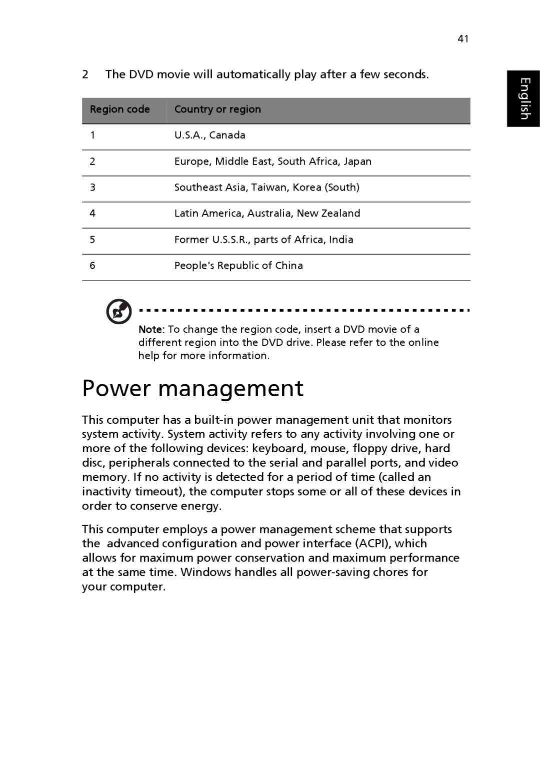 Acer 3000 series manual Power management, Region code Country or region 