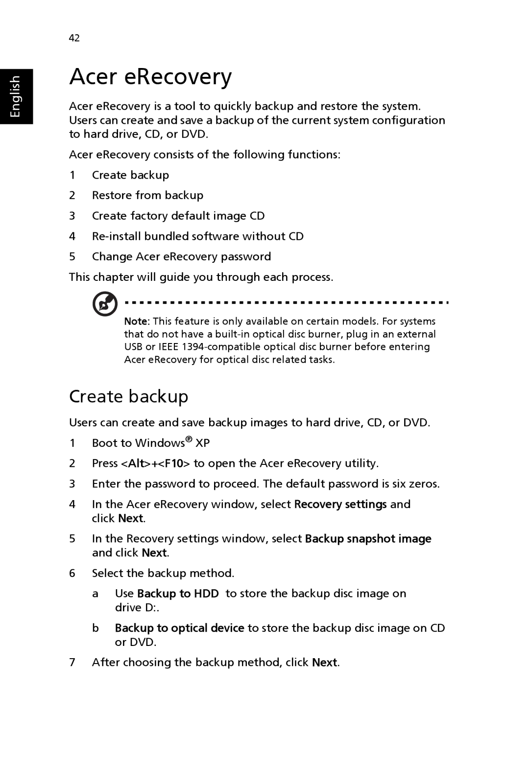 Acer 3000 series manual Acer eRecovery, Create backup 