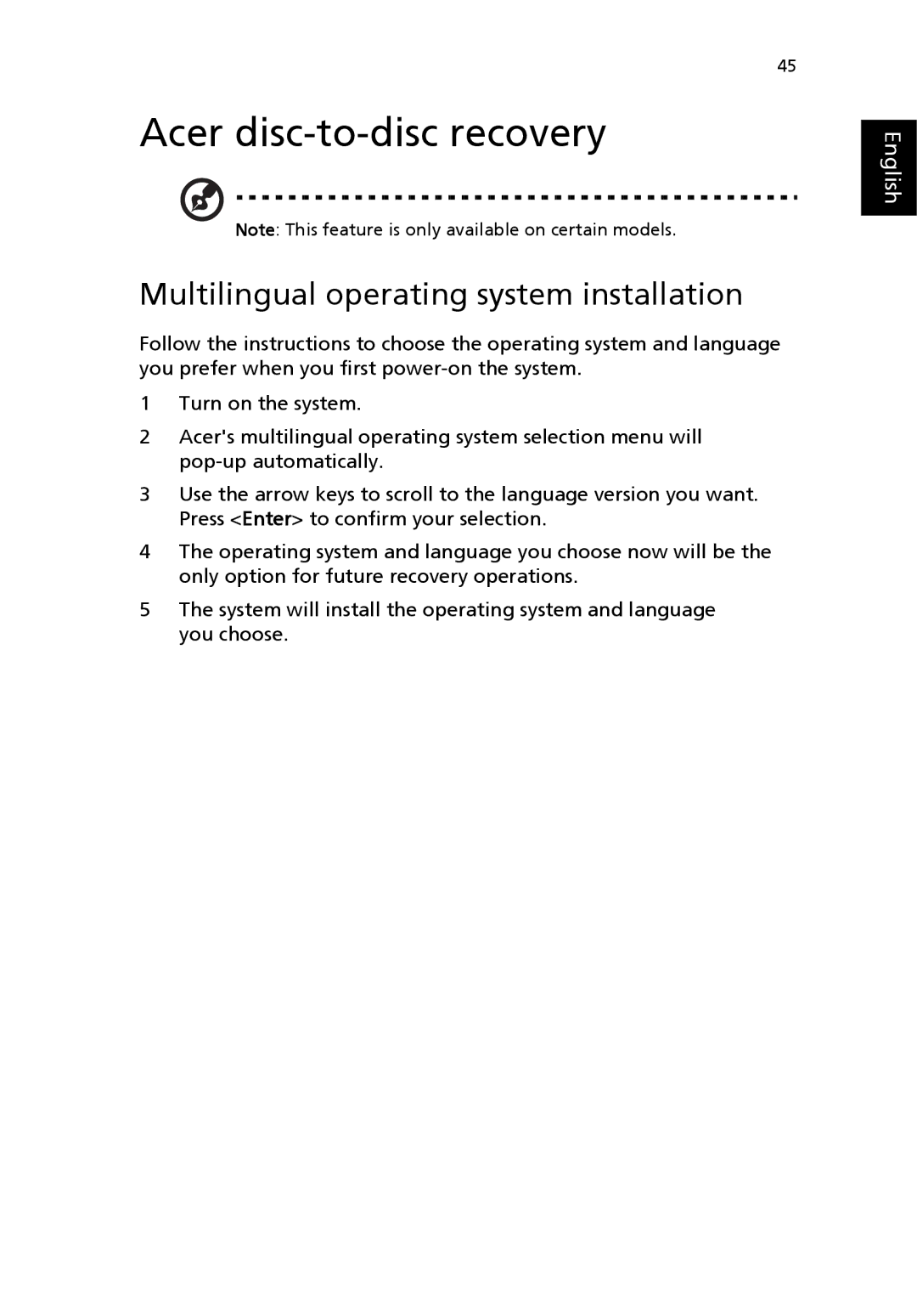 Acer 3000 series manual Acer disc-to-disc recovery, Multilingual operating system installation 