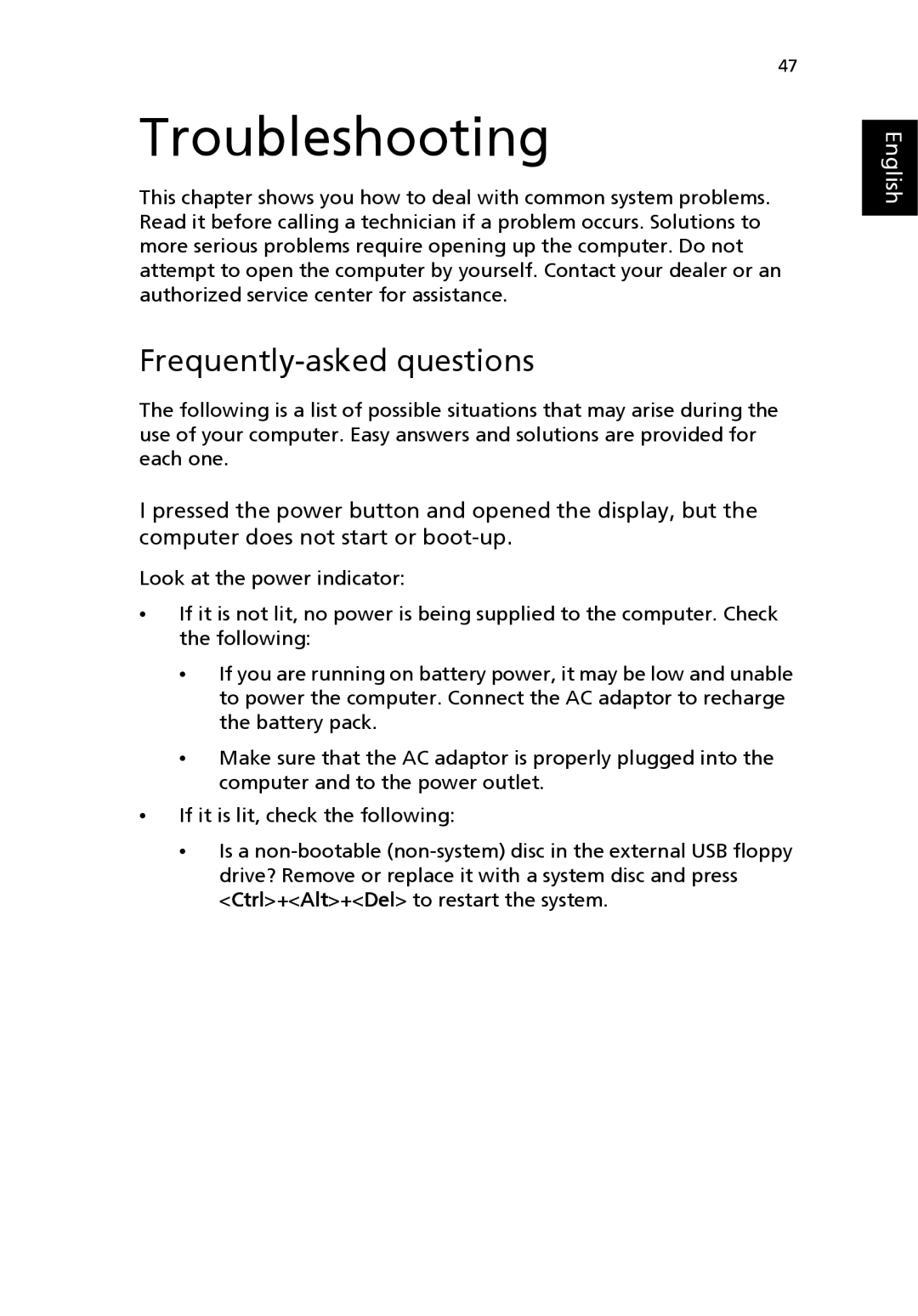 Acer 3000 series manual Troubleshooting, Frequently-asked questions 