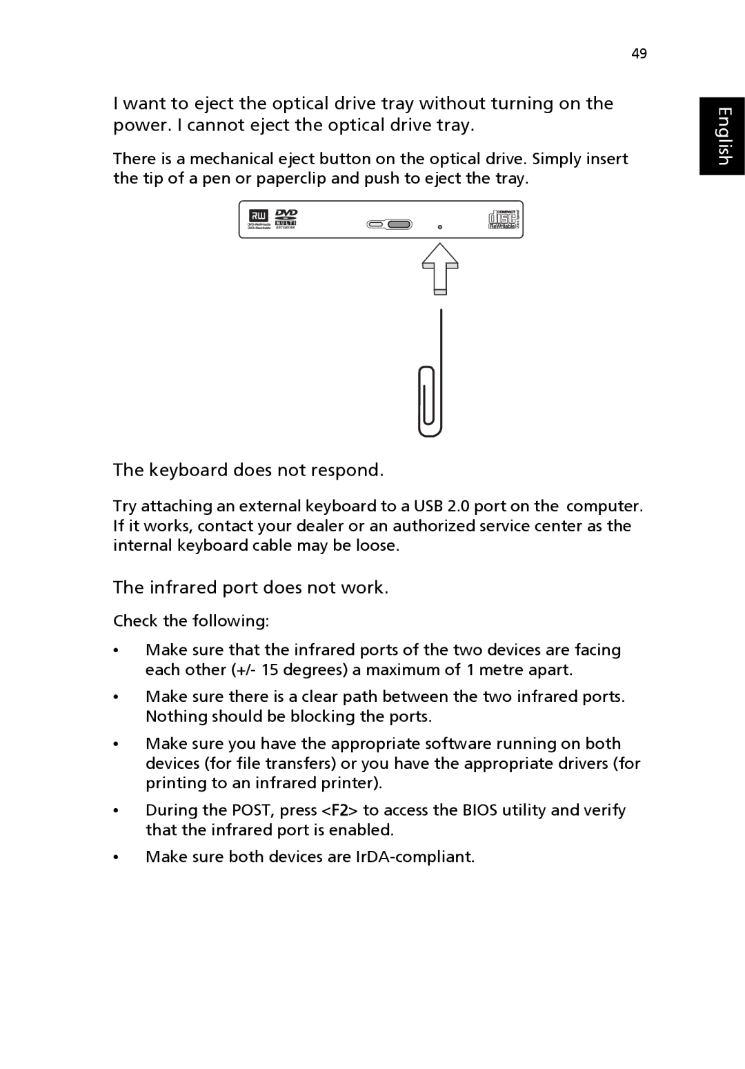 Acer 3000 series manual Keyboard does not respond, Infrared port does not work 