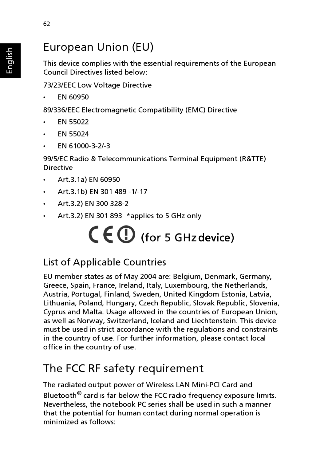 Acer 3000 series manual European Union EU, FCC RF safety requirement 