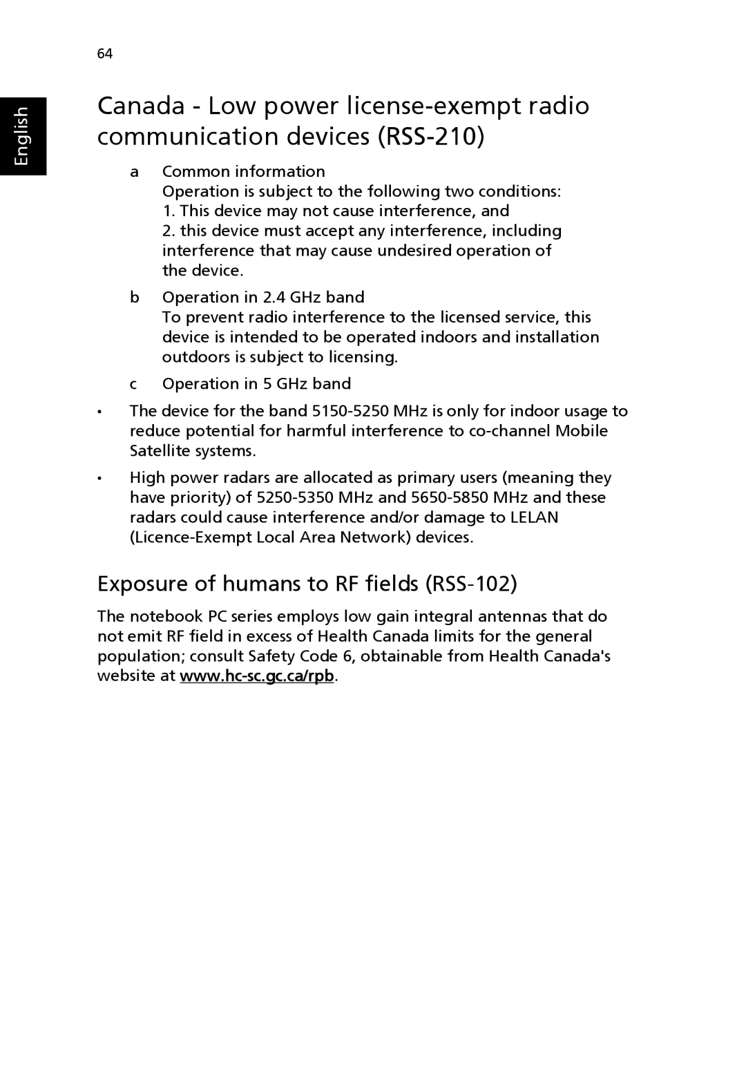 Acer 3000 series manual Exposure of humans to RF fields RSS-102 