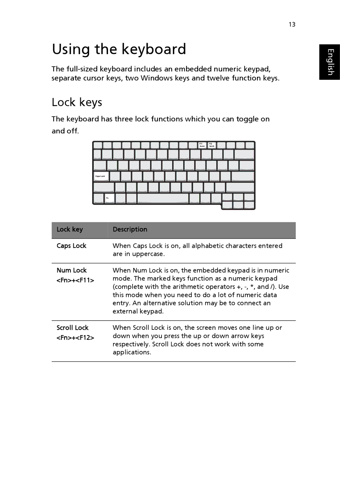 Acer 3000 manual Using the keyboard, Lock keys, Scroll Lock Fn+F12 