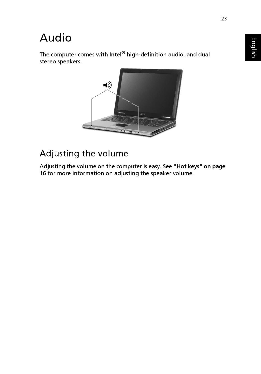 Acer 3000 manual Audio, Adjusting the volume 