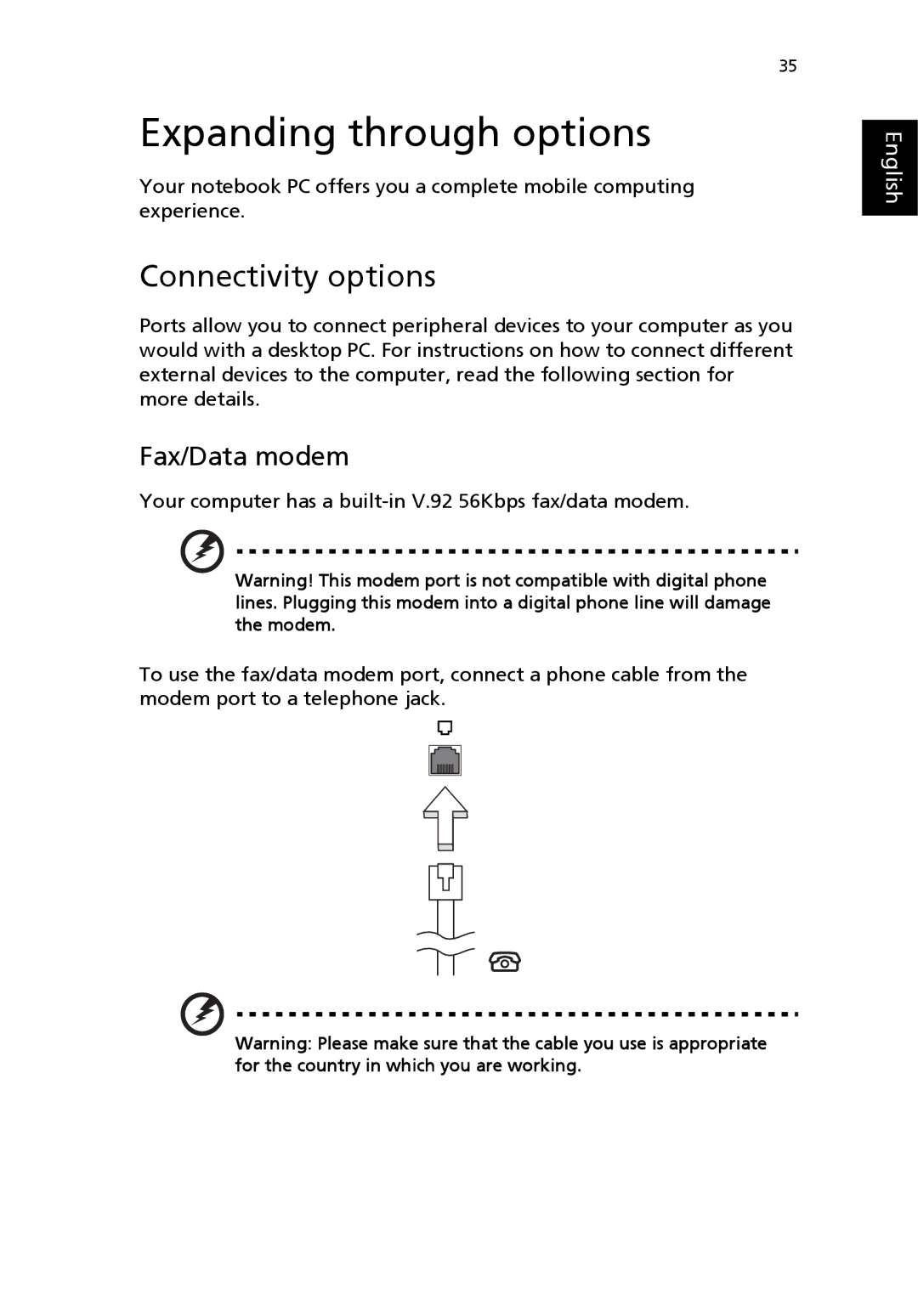 Acer 3000 manual Expanding through options, Connectivity options, Fax/Data modem 