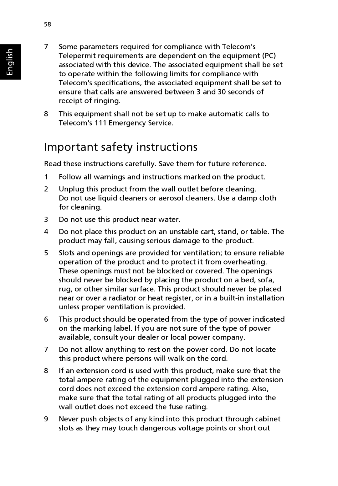 Acer 3000 manual Important safety instructions 