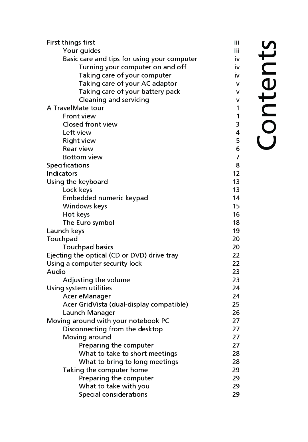 Acer 3000 manual Contents 