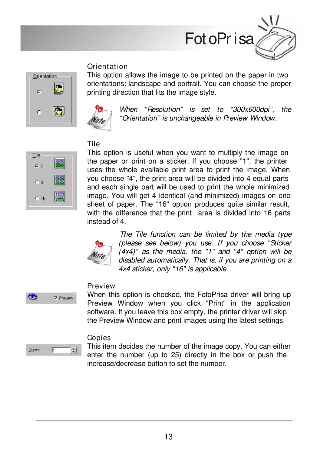 Acer 300P user manual Orientation, Tile, Preview, Copies 