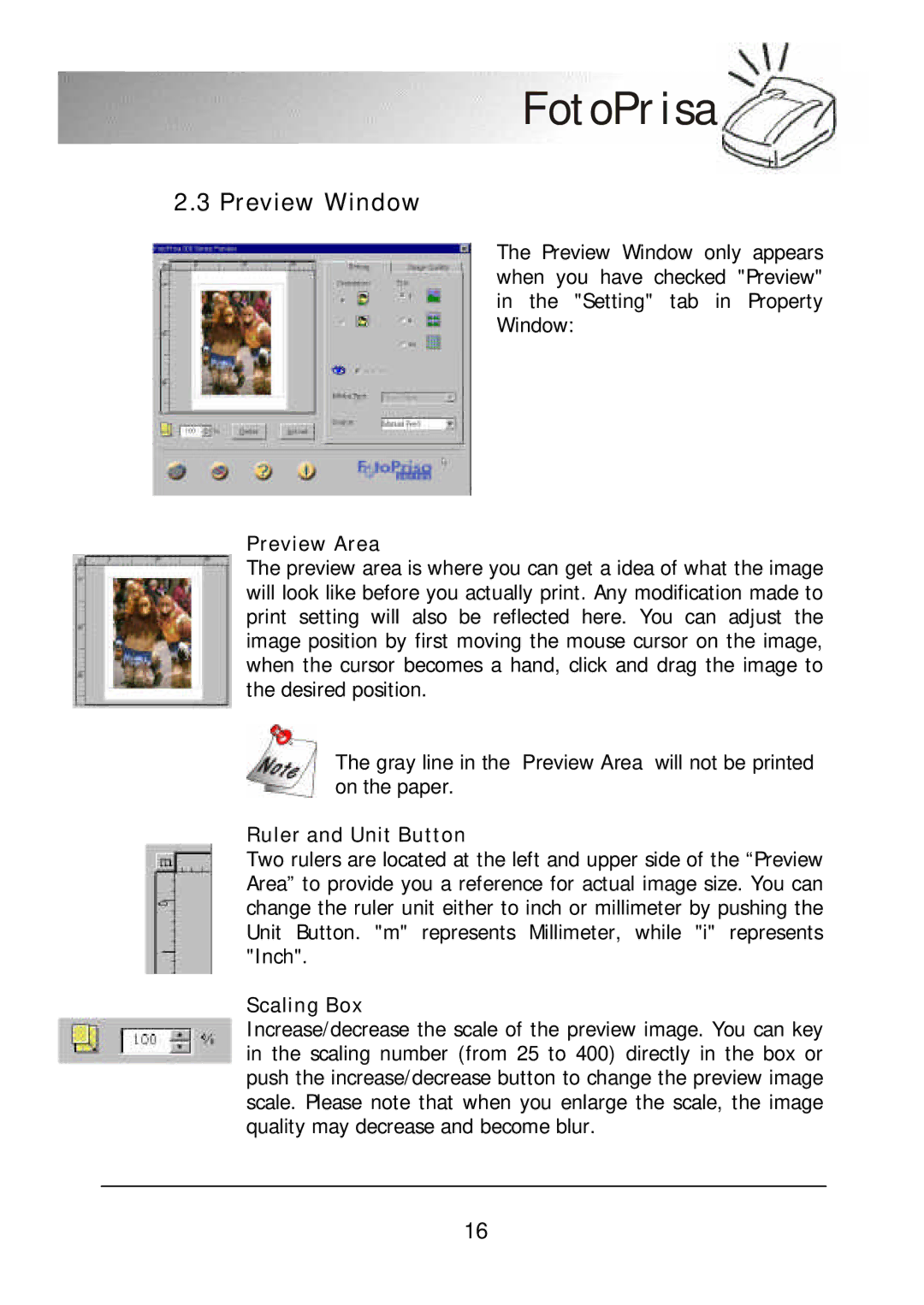 Acer 300P user manual Preview Window, Preview Area, Ruler and Unit Button, Scaling Box 