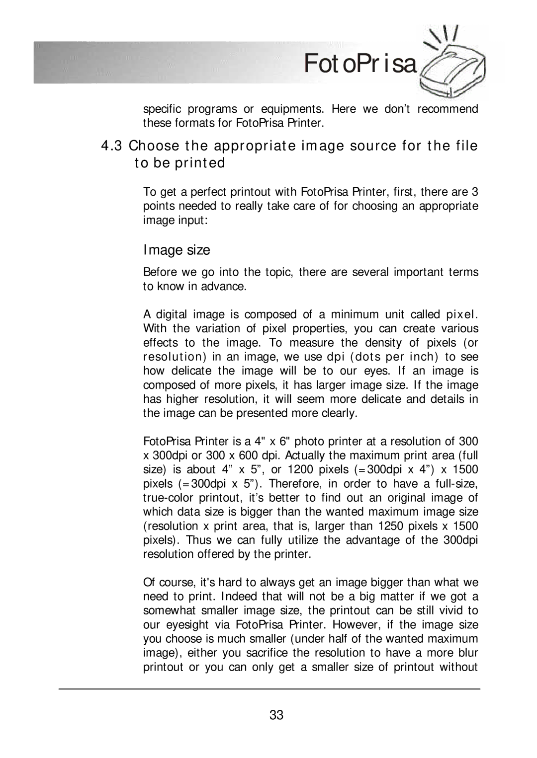 Acer 300P user manual Image size 